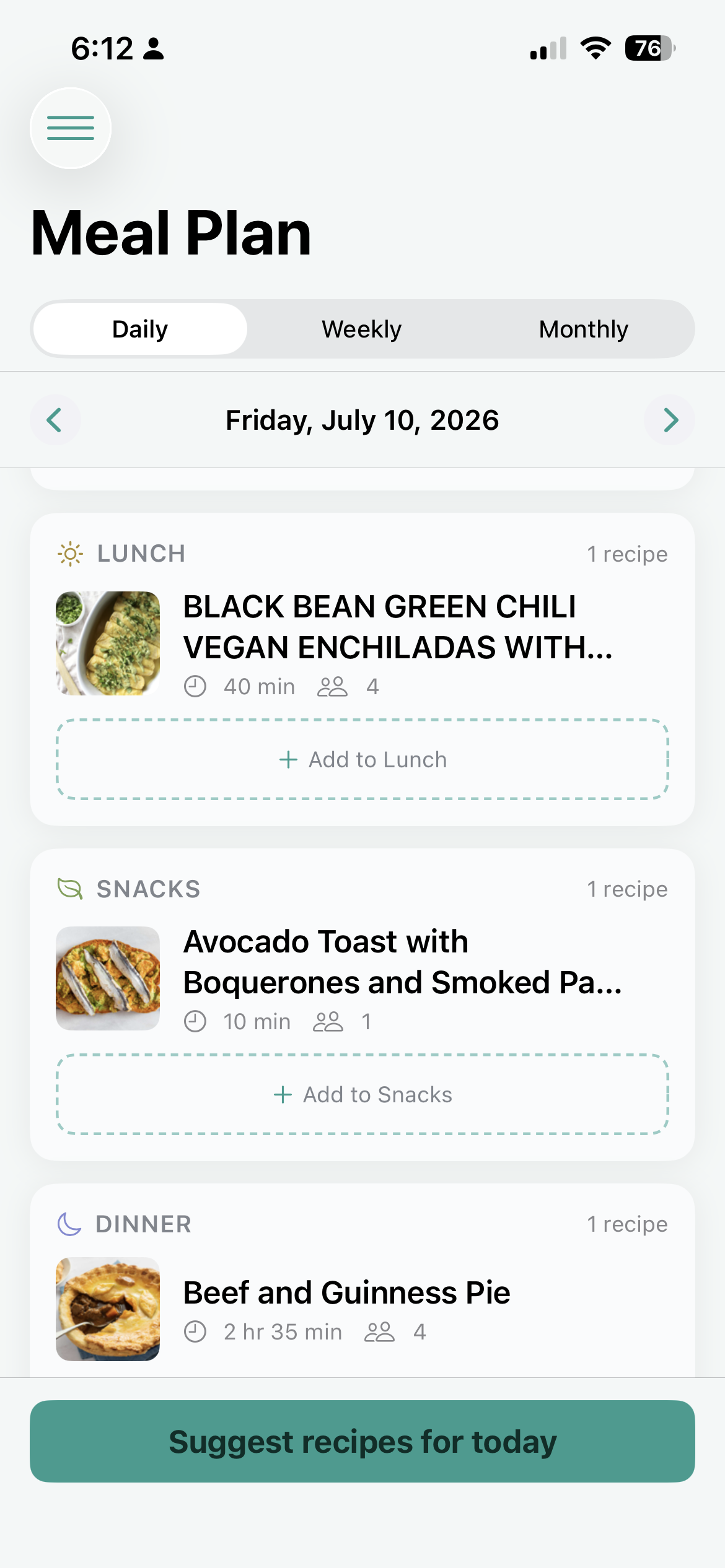 Plated meal plan screen showing a week of meals