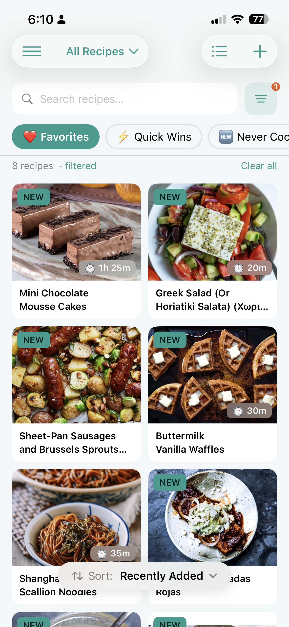 Plated recipe library screen showing saved recipes