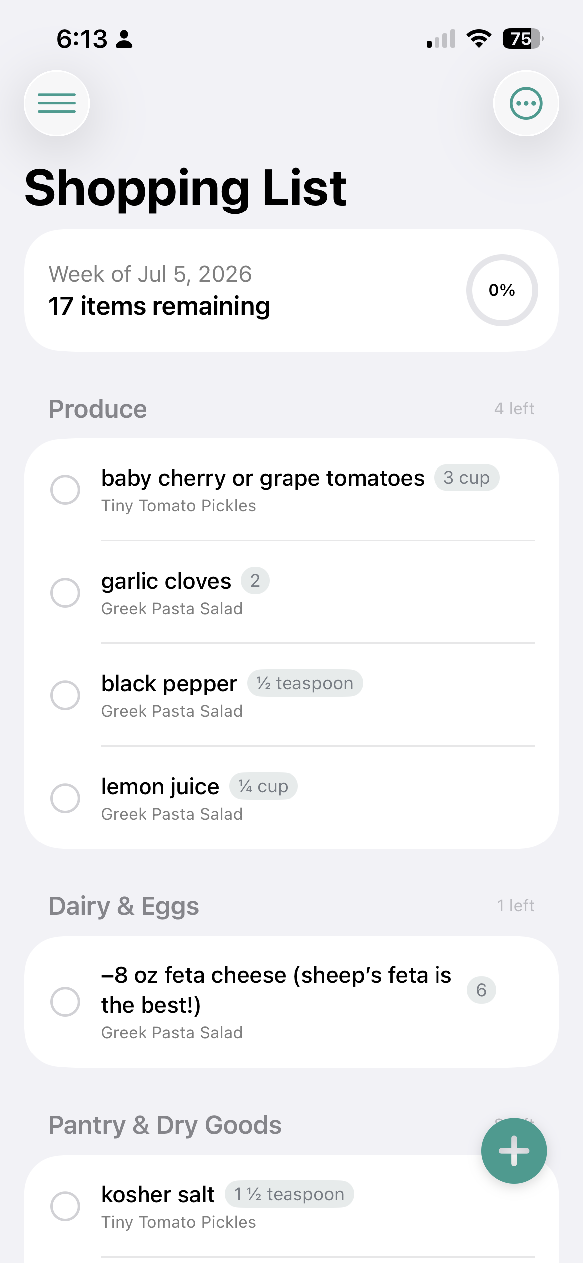 Plated shopping list screen organized by grocery aisle