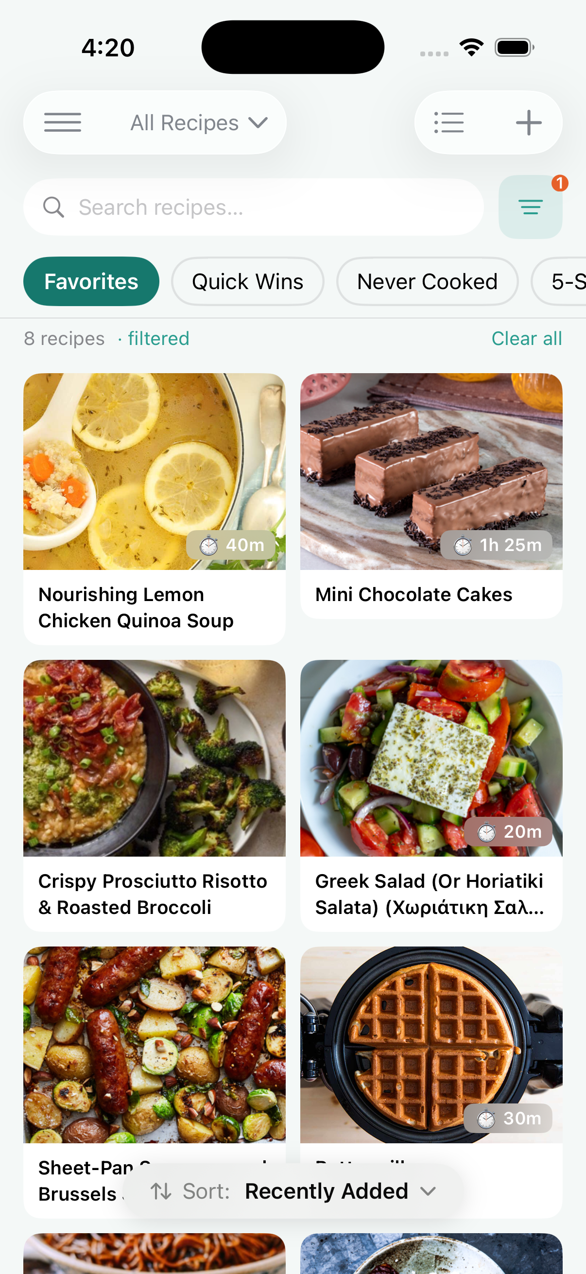 Plated all recipes screen with categorized recipe cards