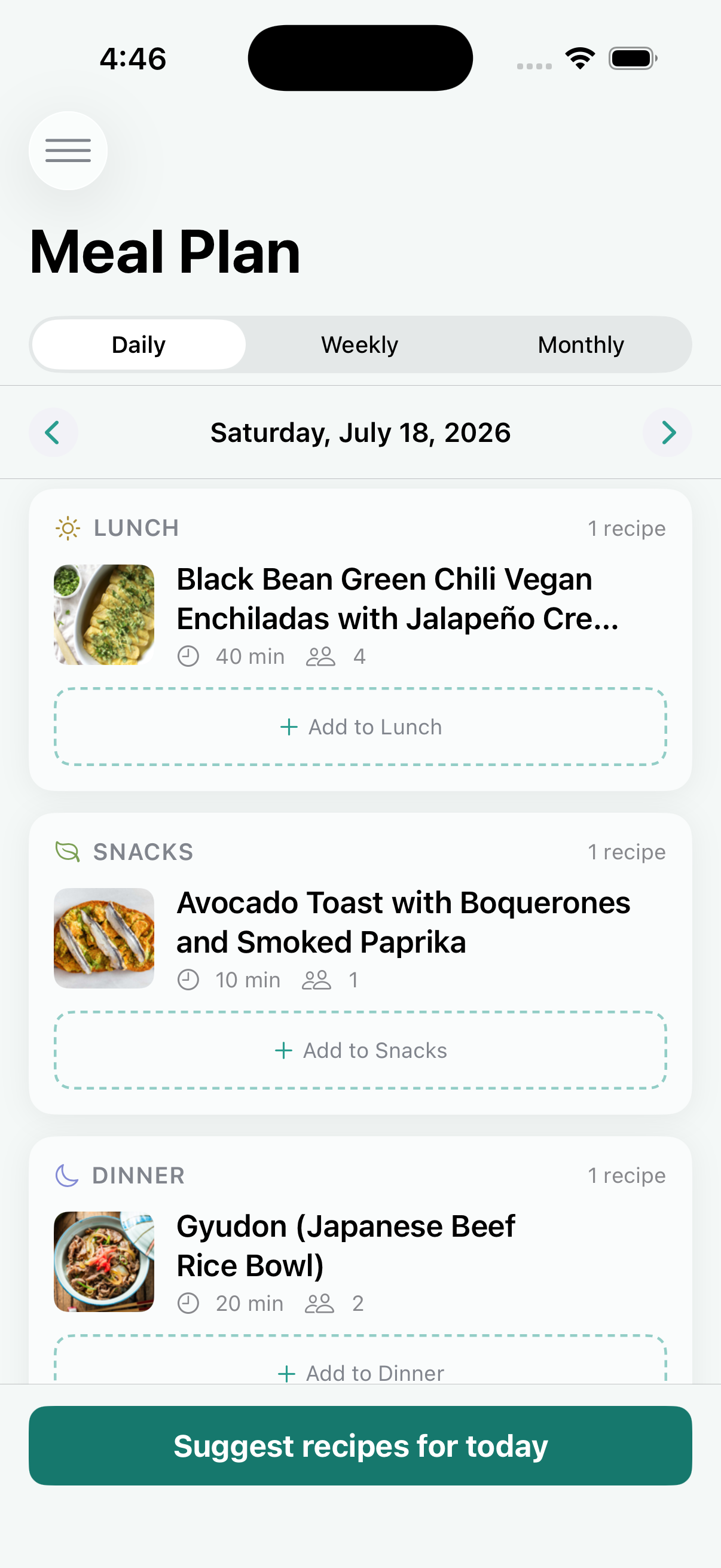 Plated meal plan screen with daily, weekly, and monthly tabs