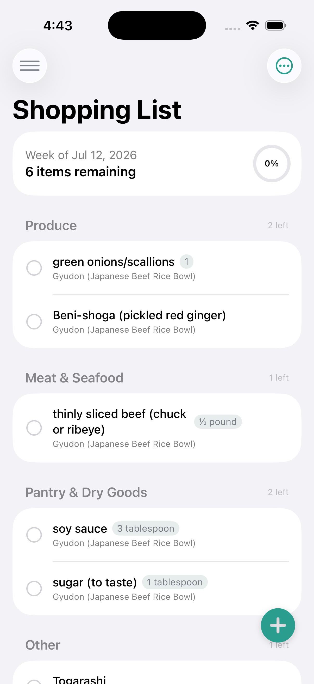 Plated shopping list screen organized by grocery category